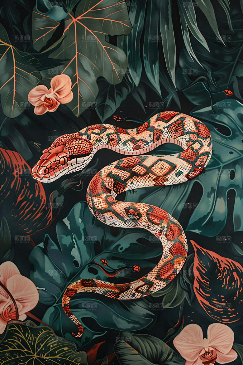 国潮蛇吉祥纹样插画