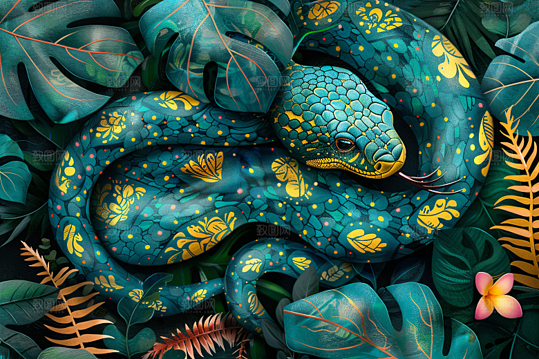 国潮蛇中式手绘插画