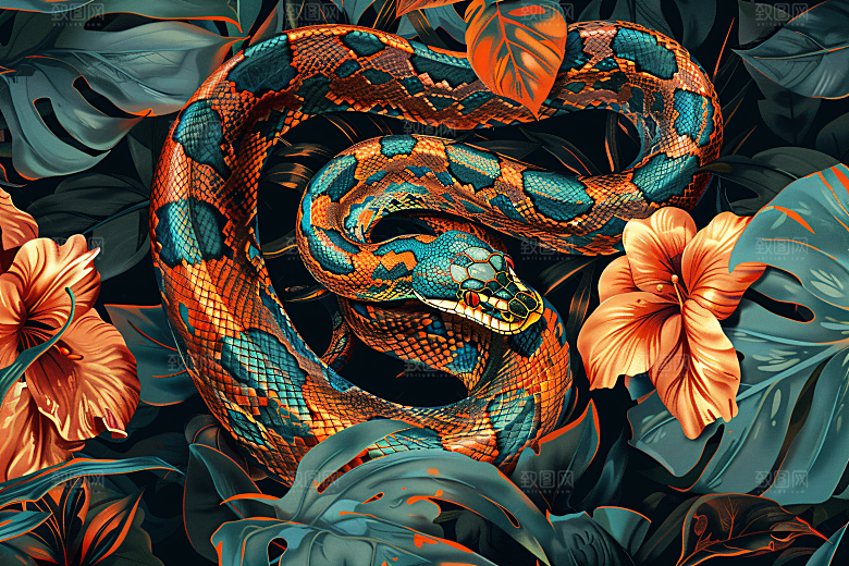 国潮蛇传统纹样插画