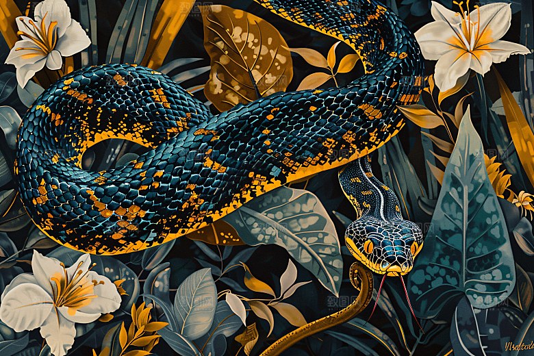 国潮蛇山水高清插画