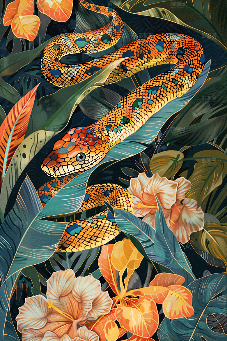 国潮蛇国画传统插画