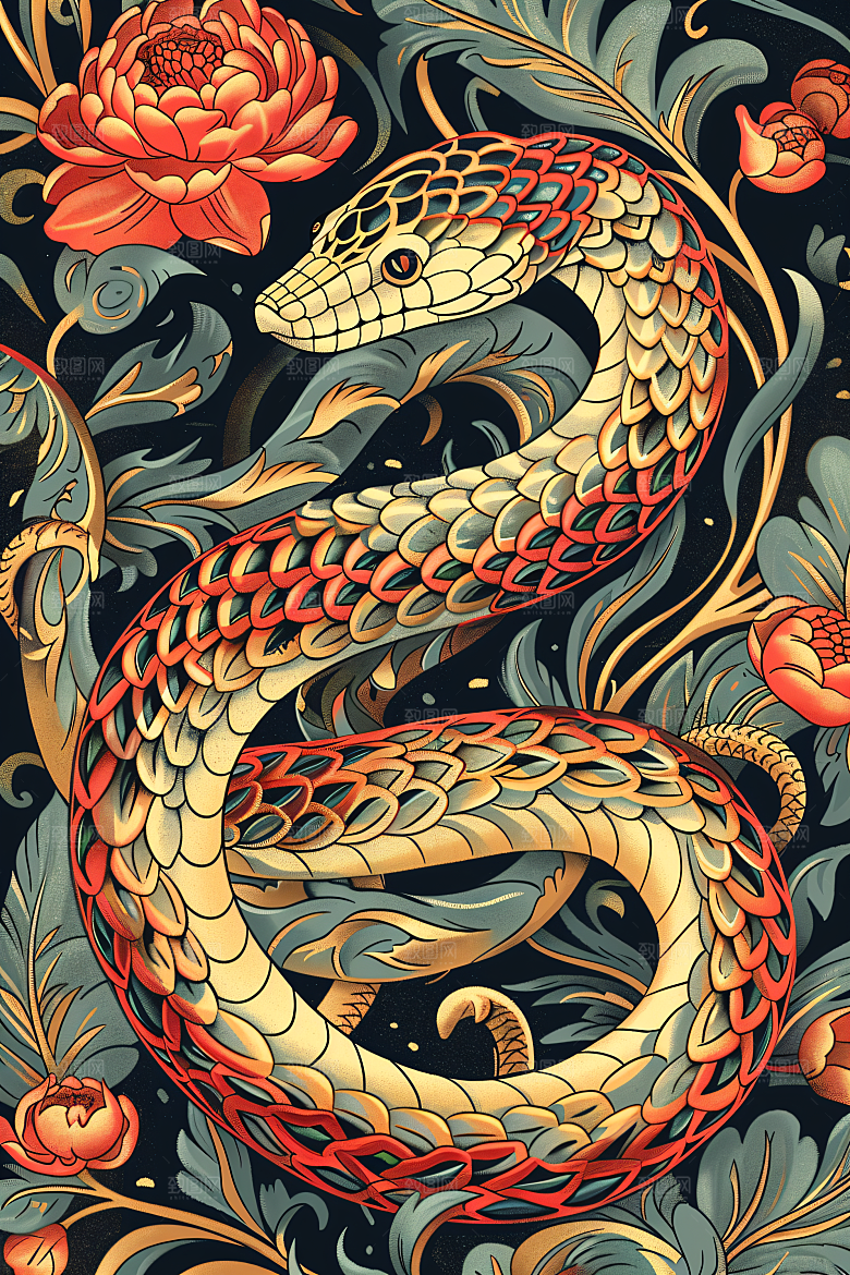 国潮蛇自然山水插画