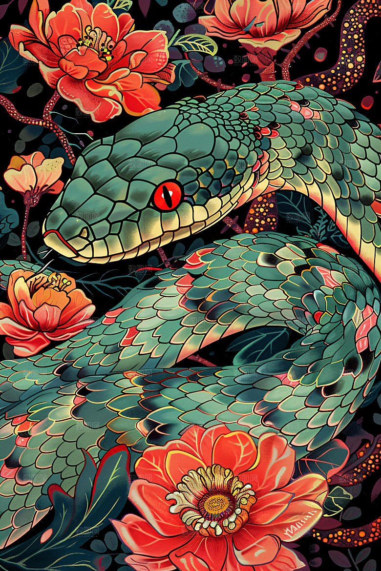 国潮蛇纹样中式插画