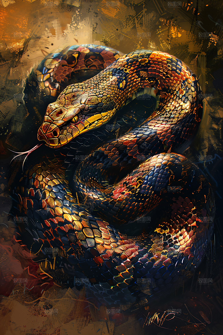 国潮蛇手绘山水插画
