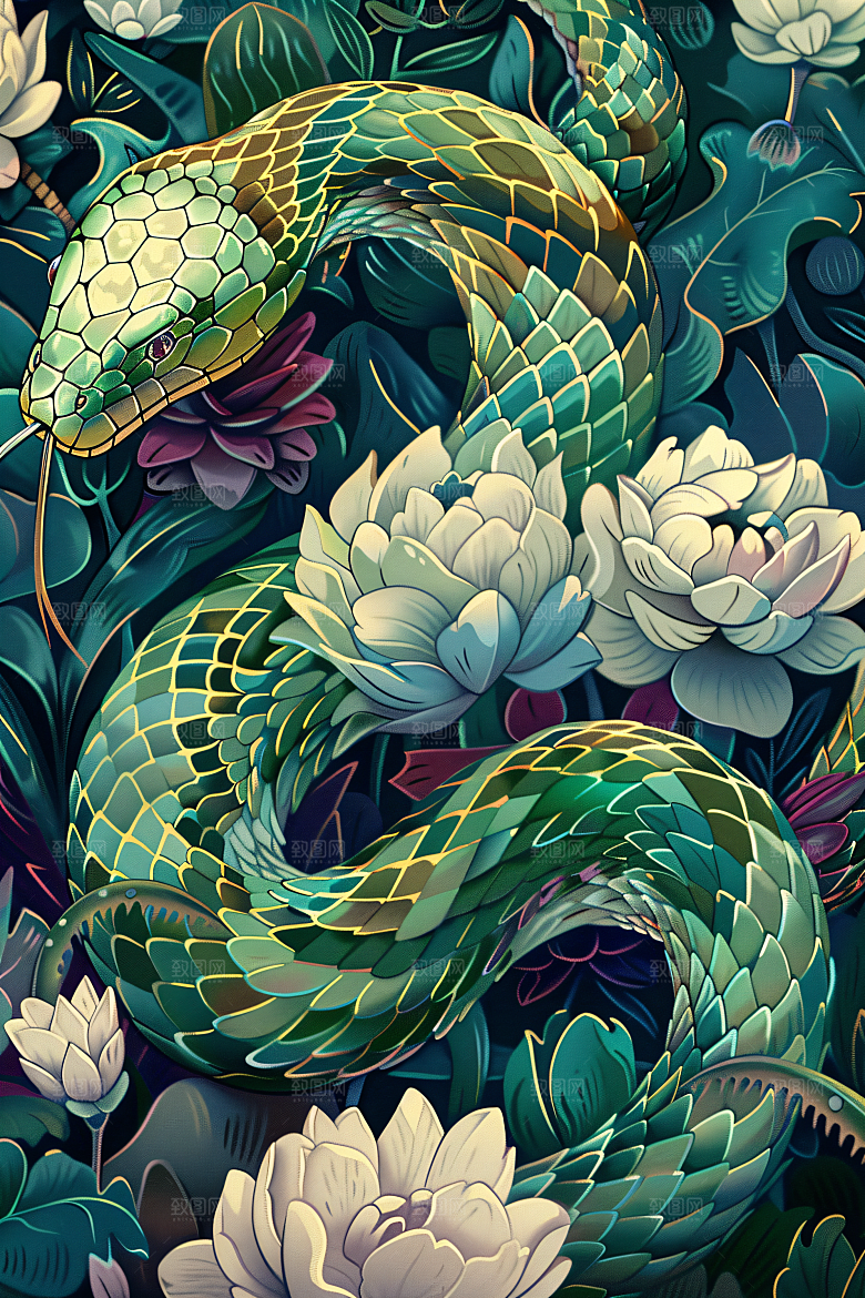 国潮蛇纹样自然插画