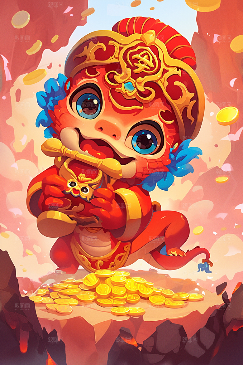 蛇年年画红色新春插画