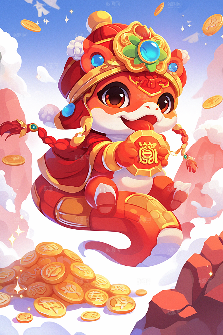 蛇年年画二十四生肖春节插画