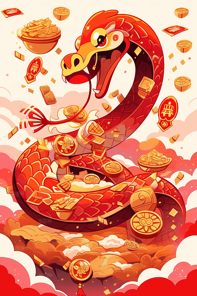 蛇年年画春节拟人插画