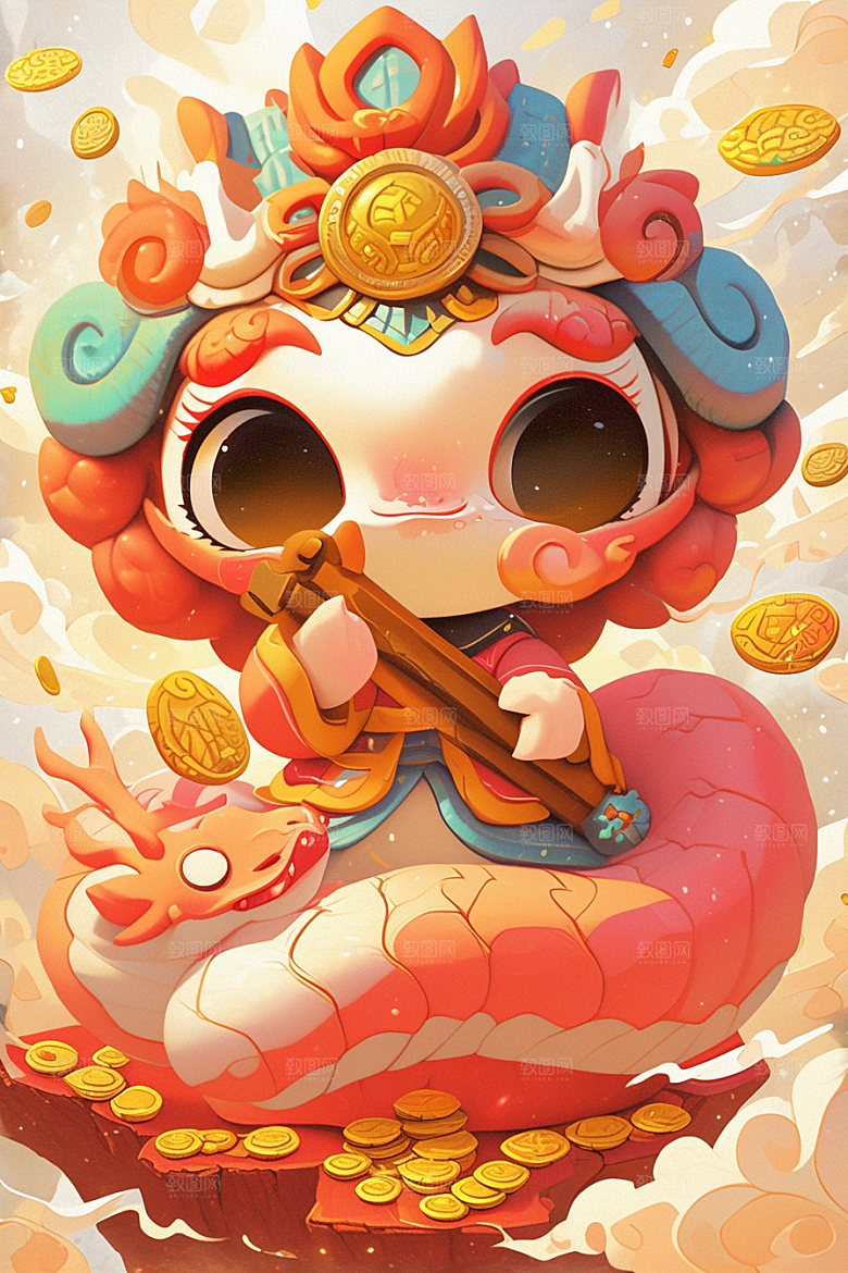 蛇年年画春节手绘插画