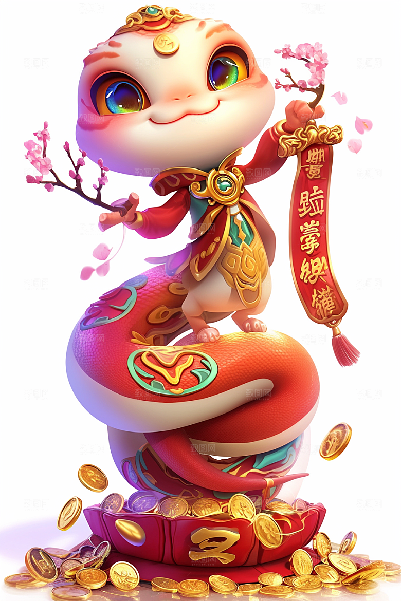 蛇年年画过年可爱插画