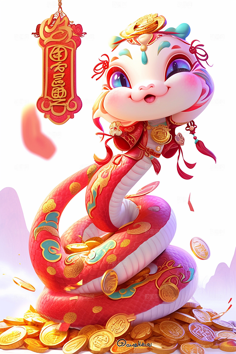 蛇年年画红色手绘插画
