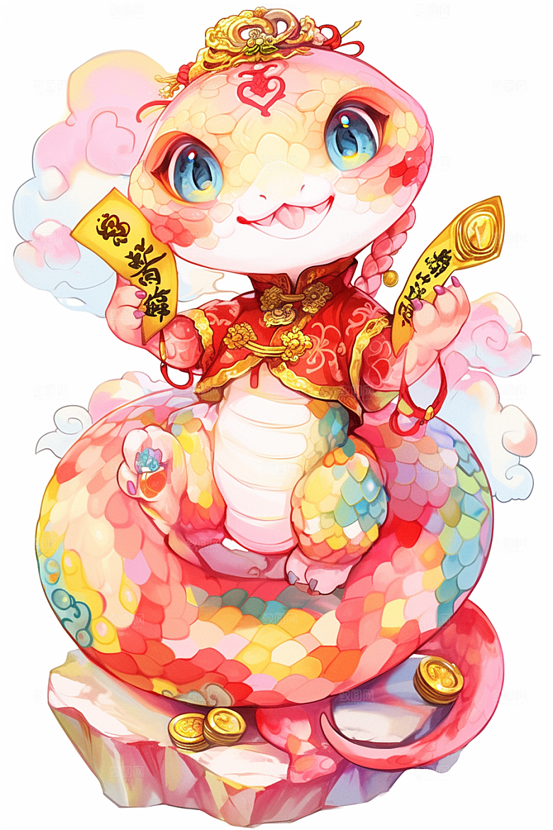 蛇年年画红色可爱插画