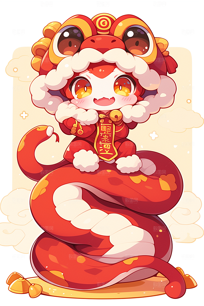 蛇年年画喜庆红色插画