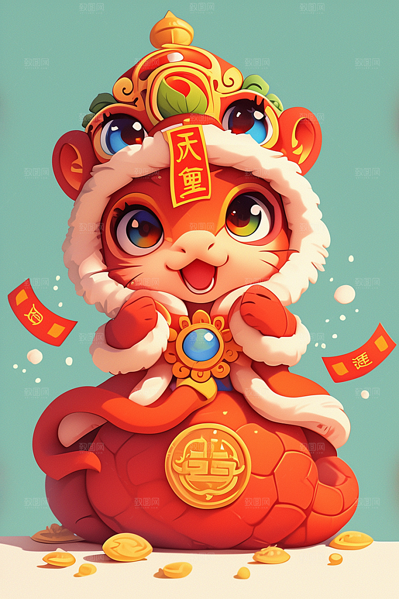 蛇年年画卡通拟人插画