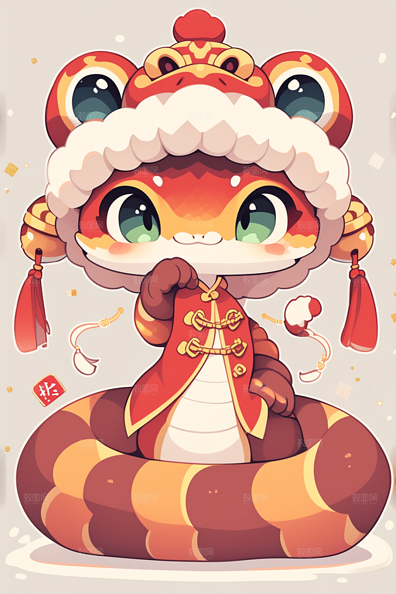 蛇年年画红色新春插画