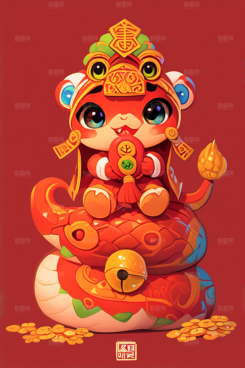蛇年年画新春可爱插画