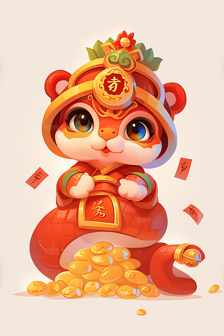 蛇年年画新年可爱插画