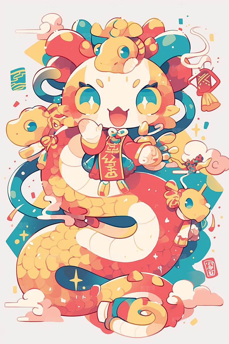 蛇年年画红色春节插画