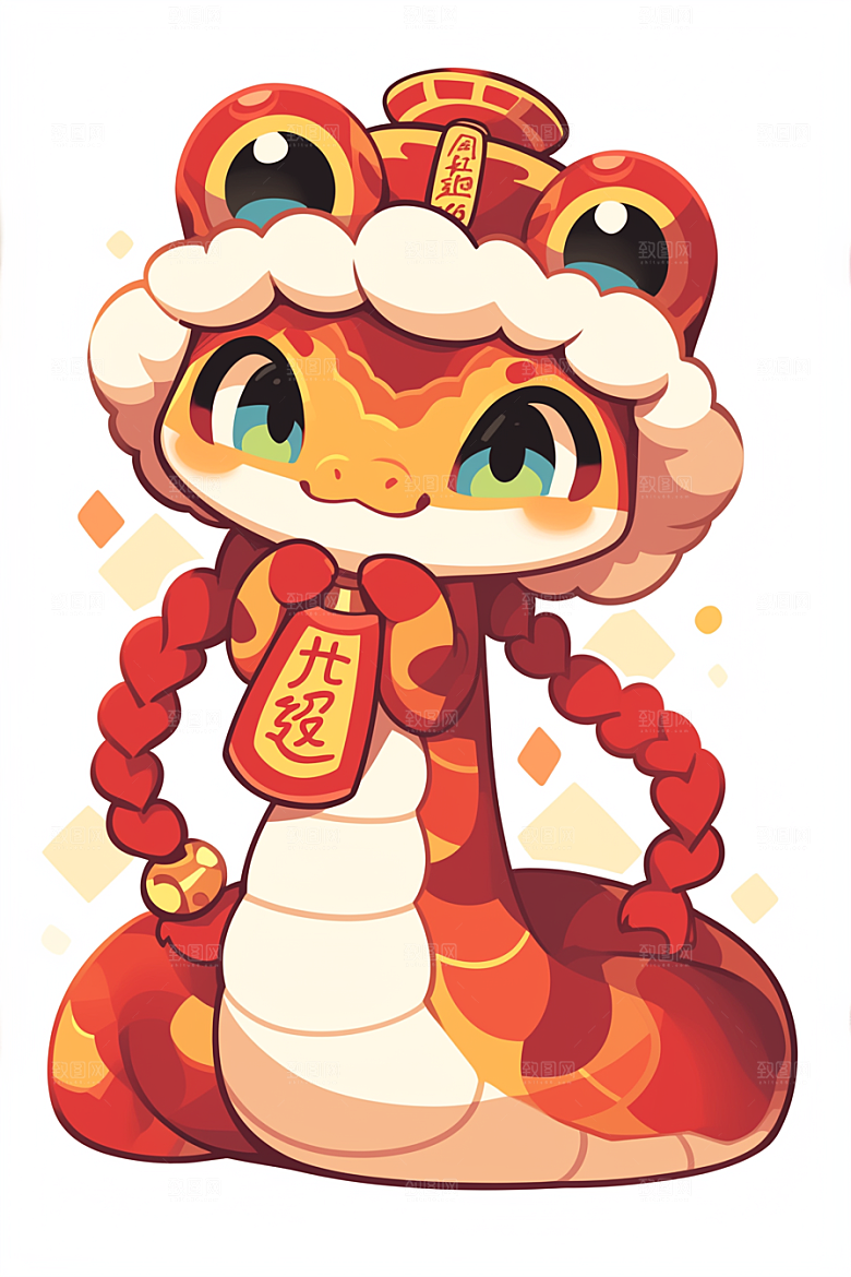 蛇年年画春节拟人插画