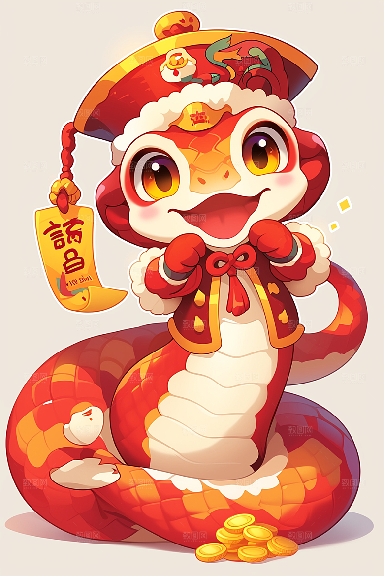 蛇年年画拟人红色插画