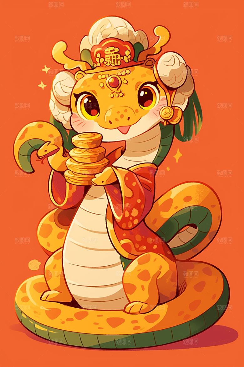 蛇年年画新春红色插画