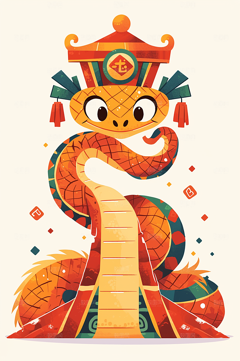蛇年年画红色春节插画