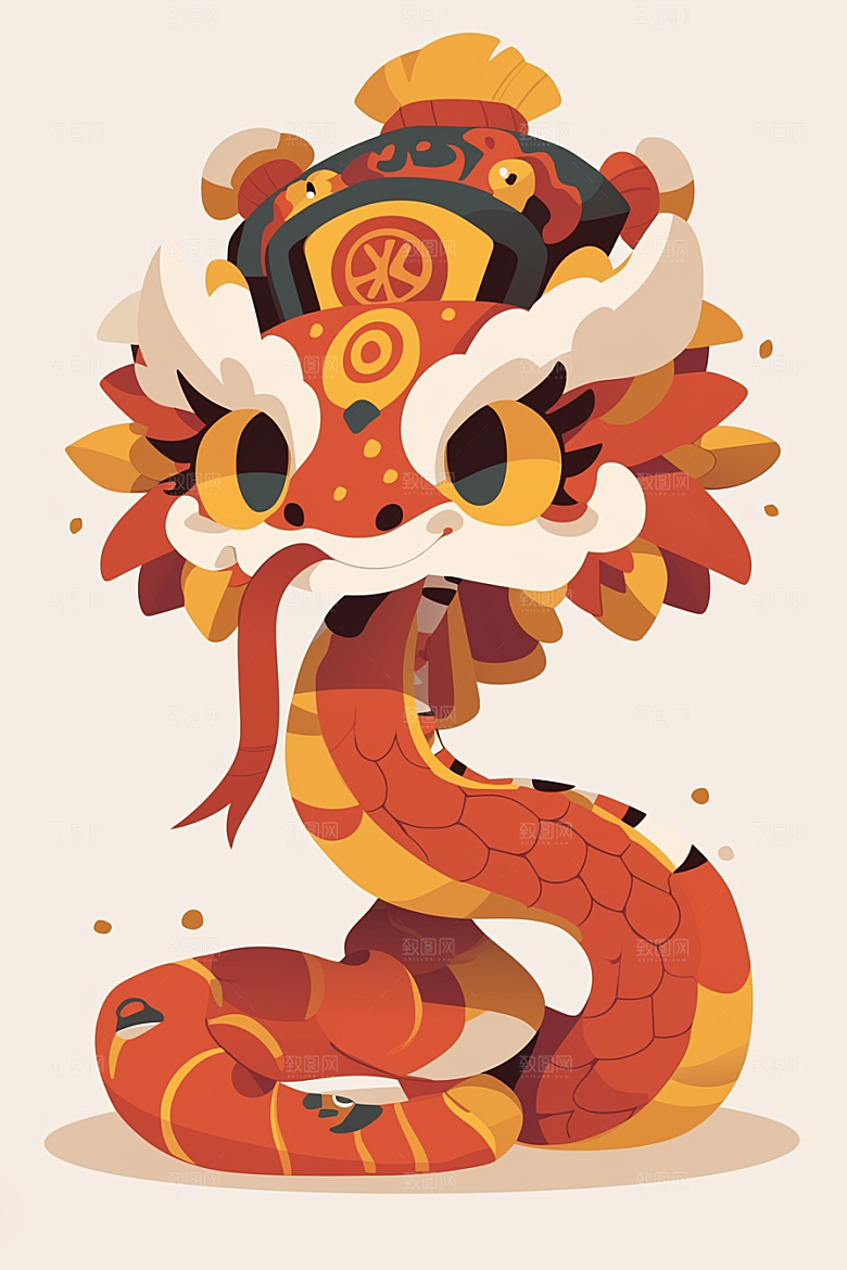 蛇年年画拟人红色插画