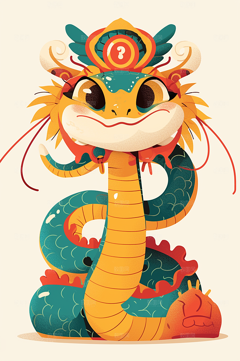 蛇年年画生肖蛇红色插画