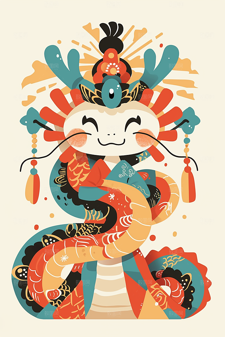 蛇年年画过年卡通插画