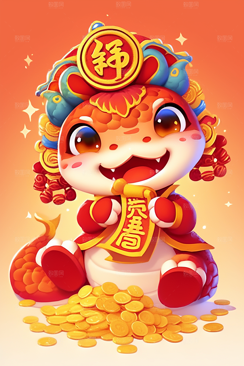 蛇年年画喜庆手绘插画
