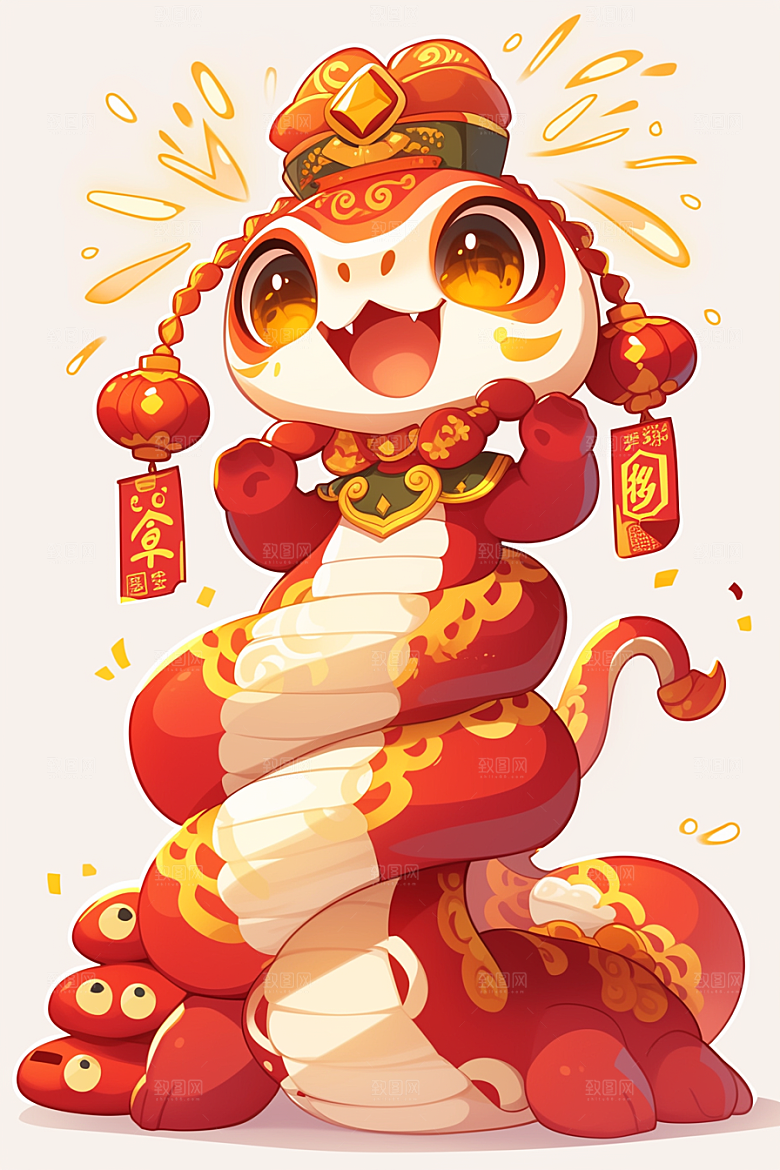 蛇年年画卡通拟人插画