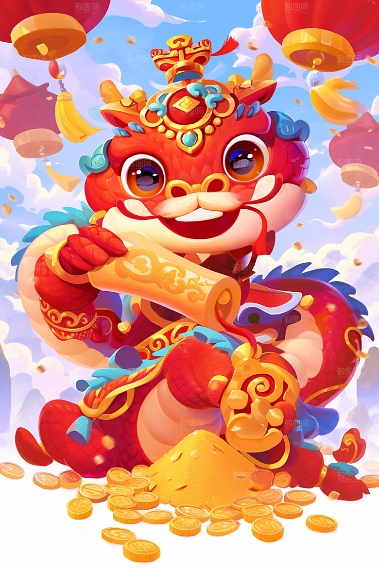 蛇年年画喜庆可爱插画