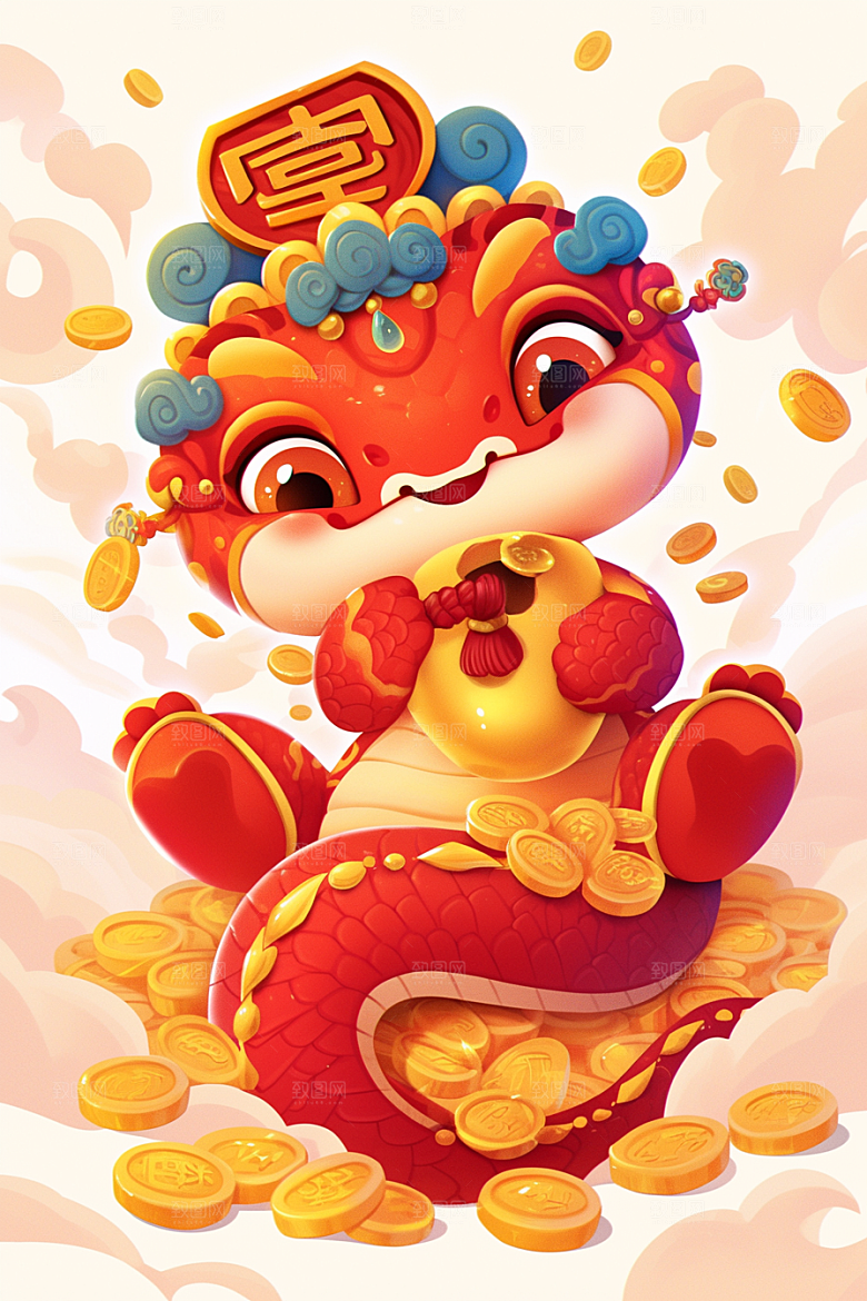 蛇年年画春节红色插画