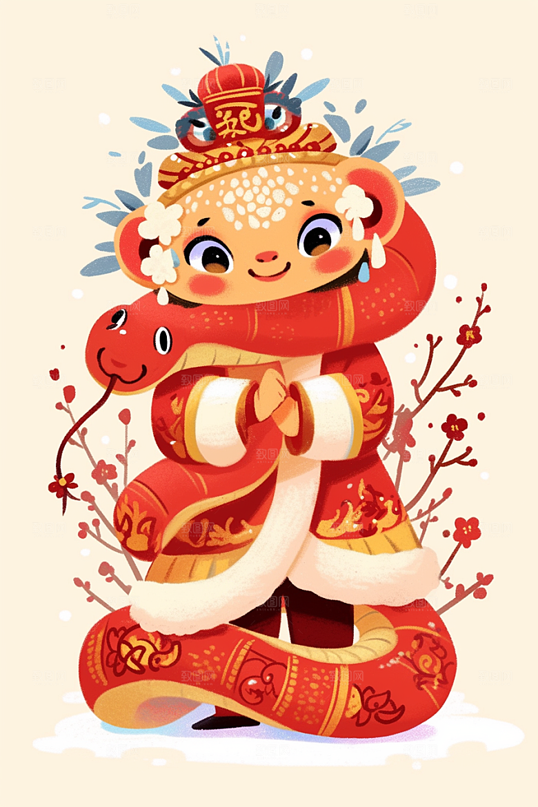 蛇年年画二十四生肖手绘插画
