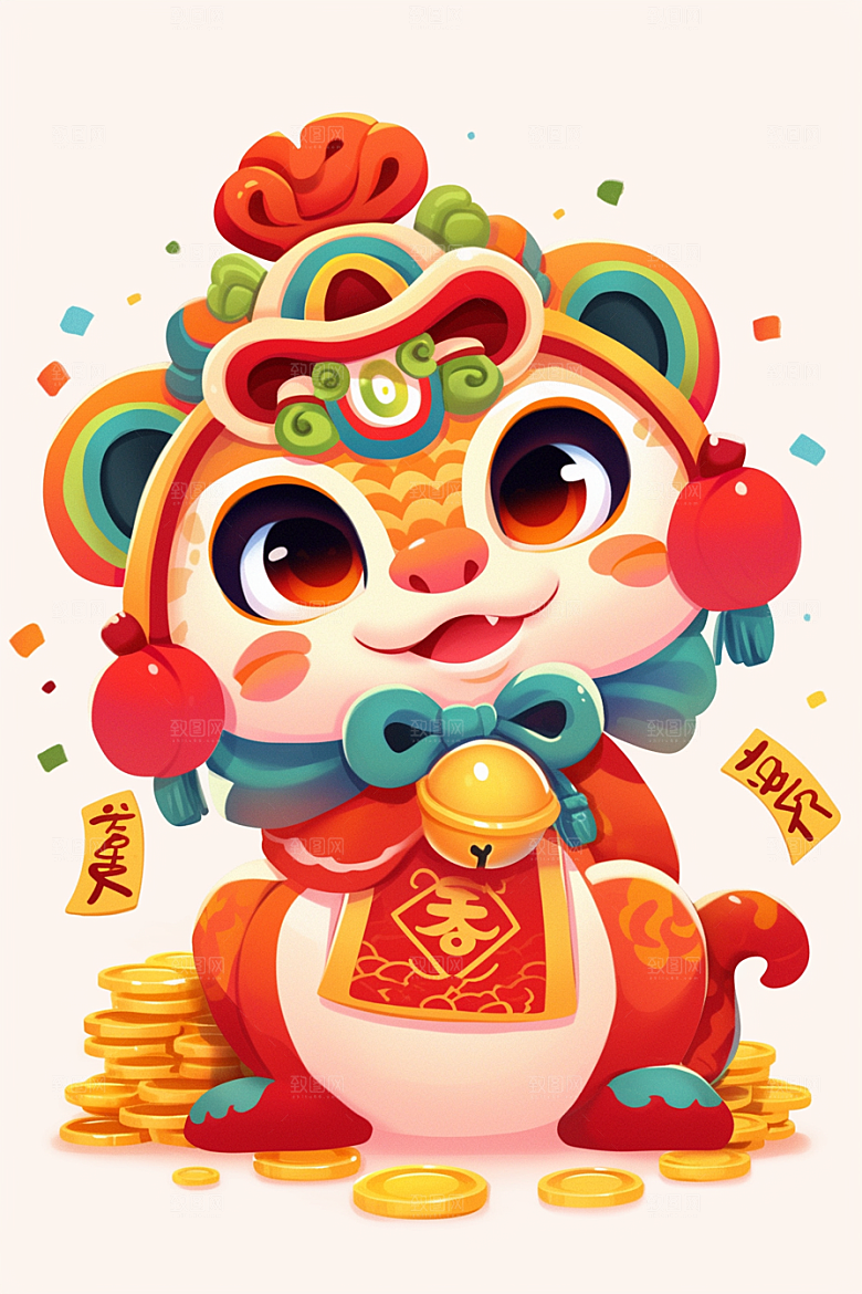 蛇年年画手绘拟人插画
