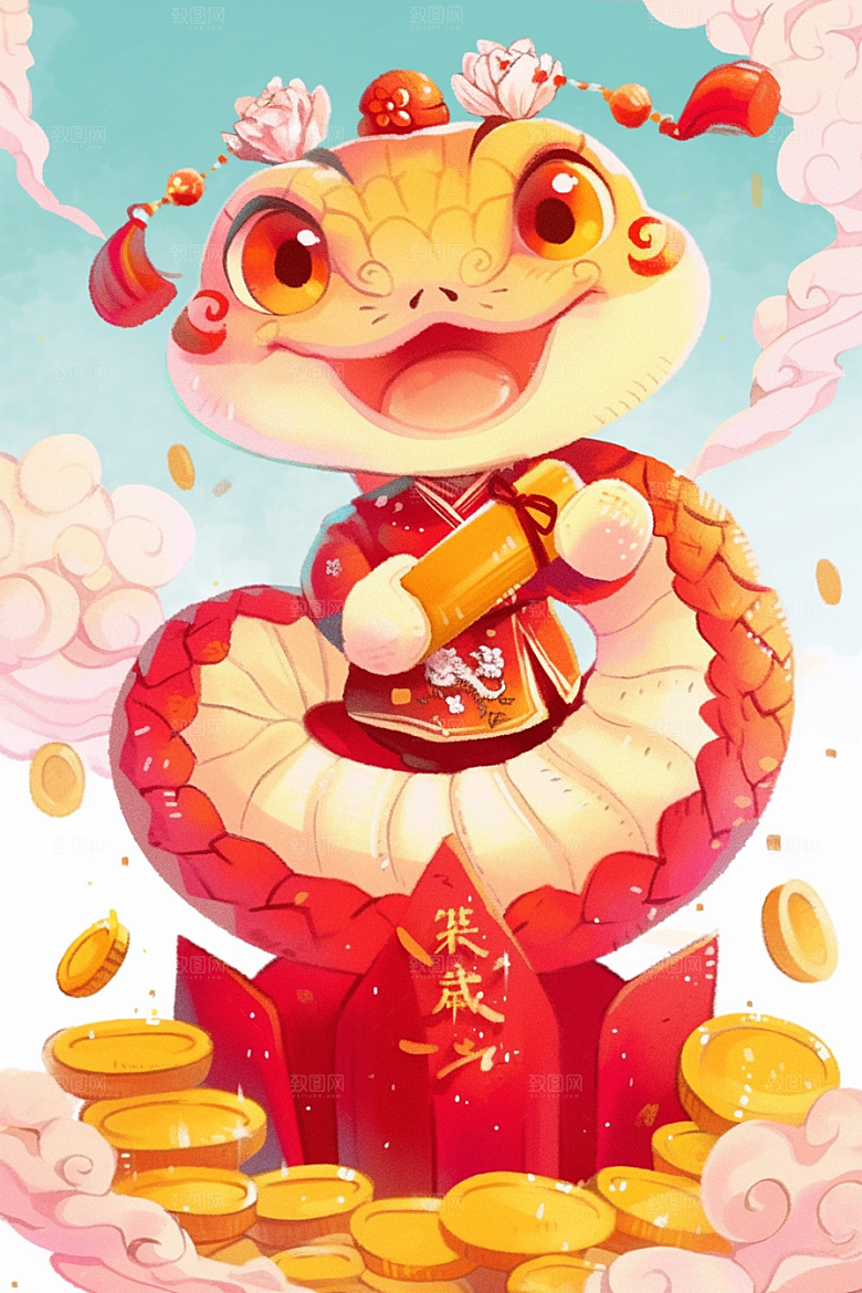 蛇年年画生肖蛇高清插画