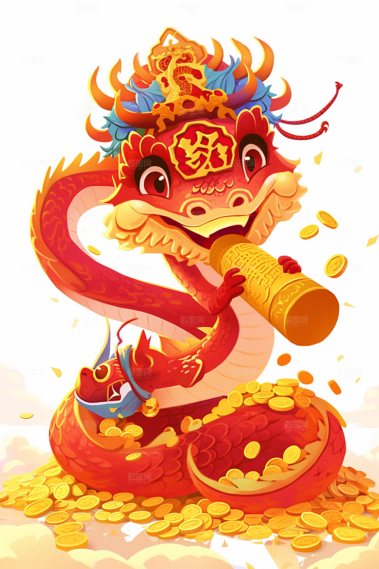 蛇年年画新春拟人插画