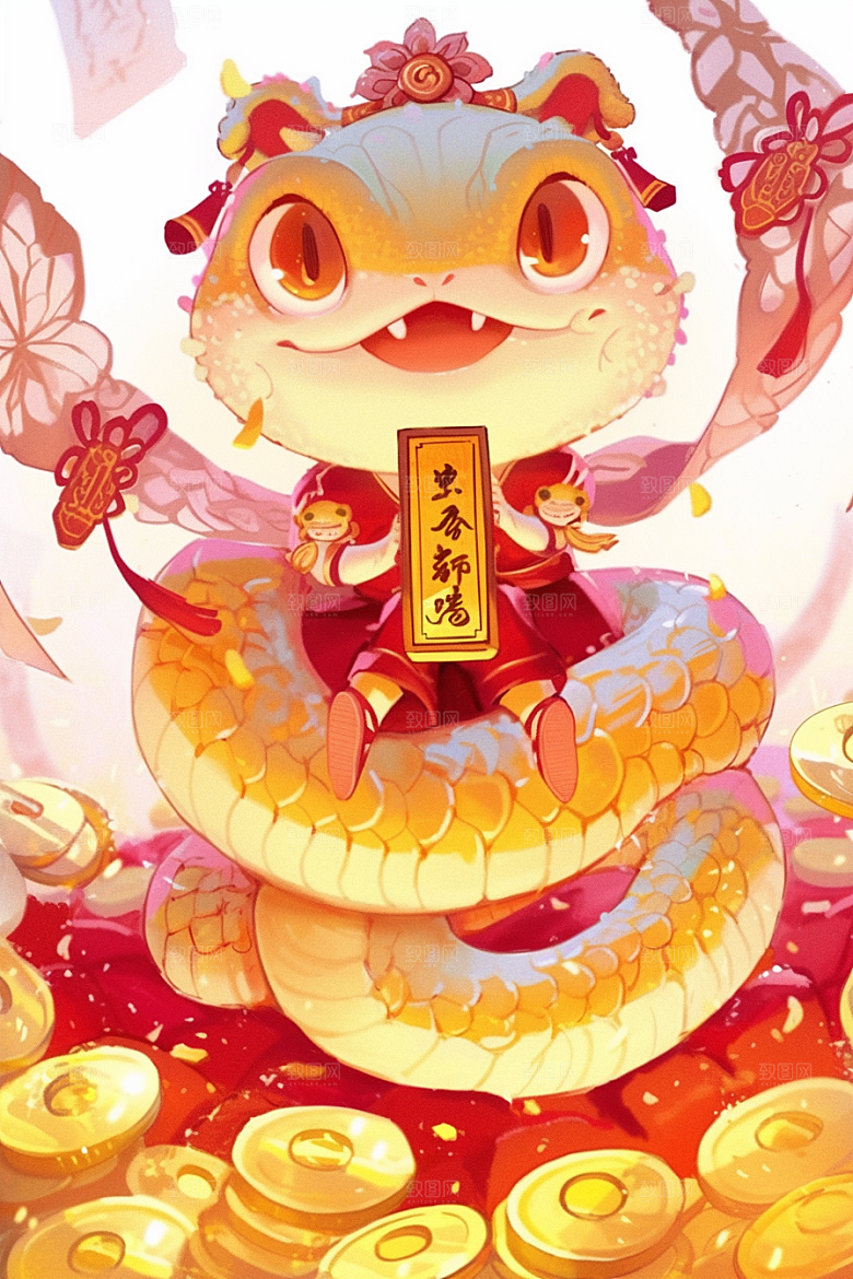 蛇年年画二十四生肖红色插画