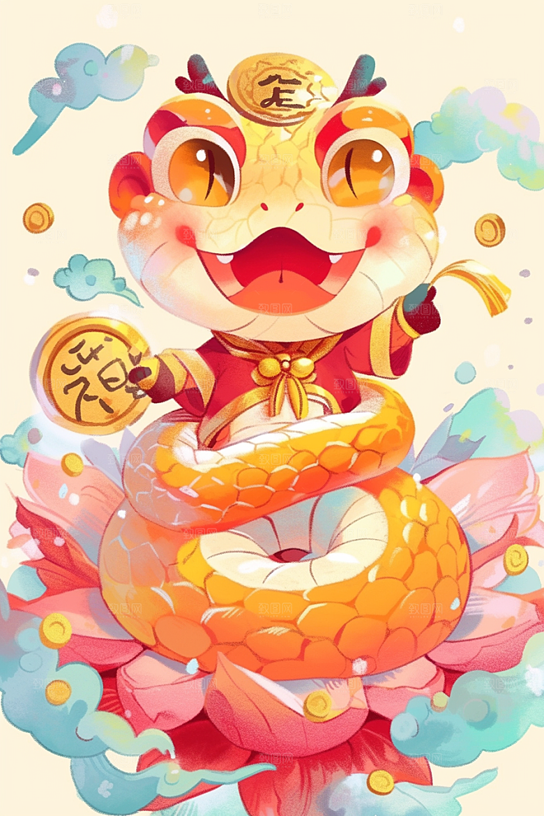 蛇年年画过年拟人插画