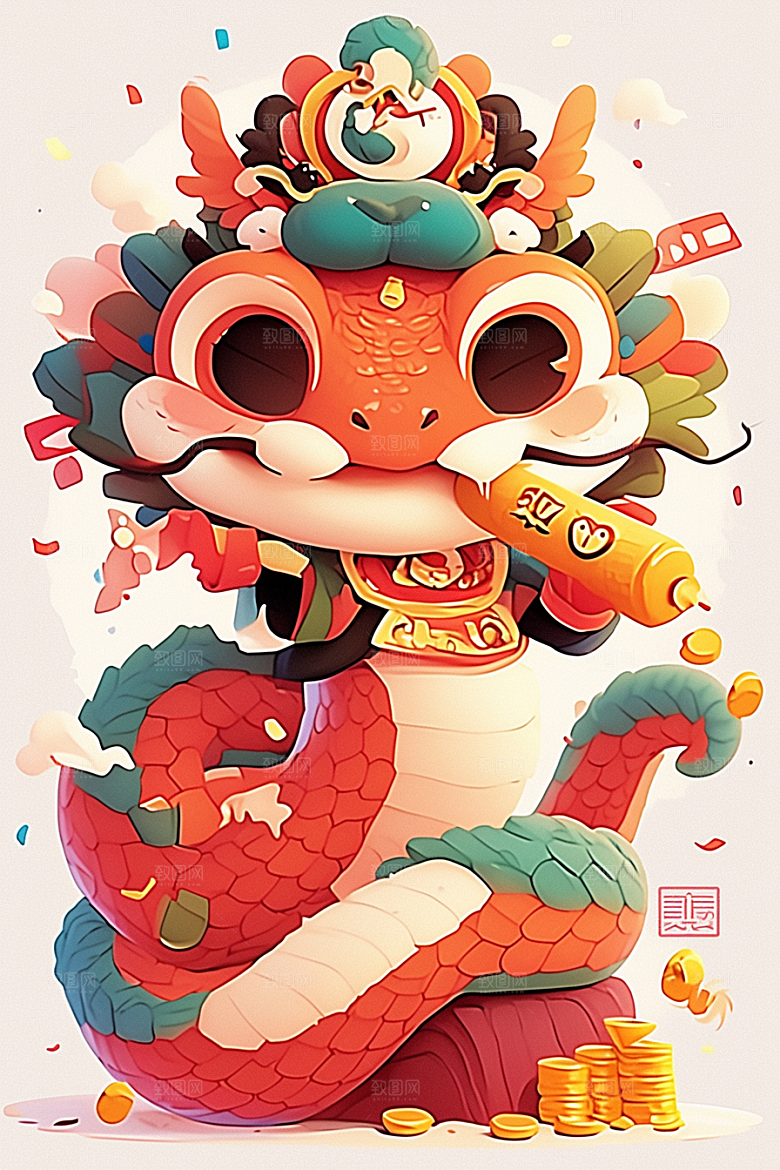 蛇年年画手绘二十四生肖插画