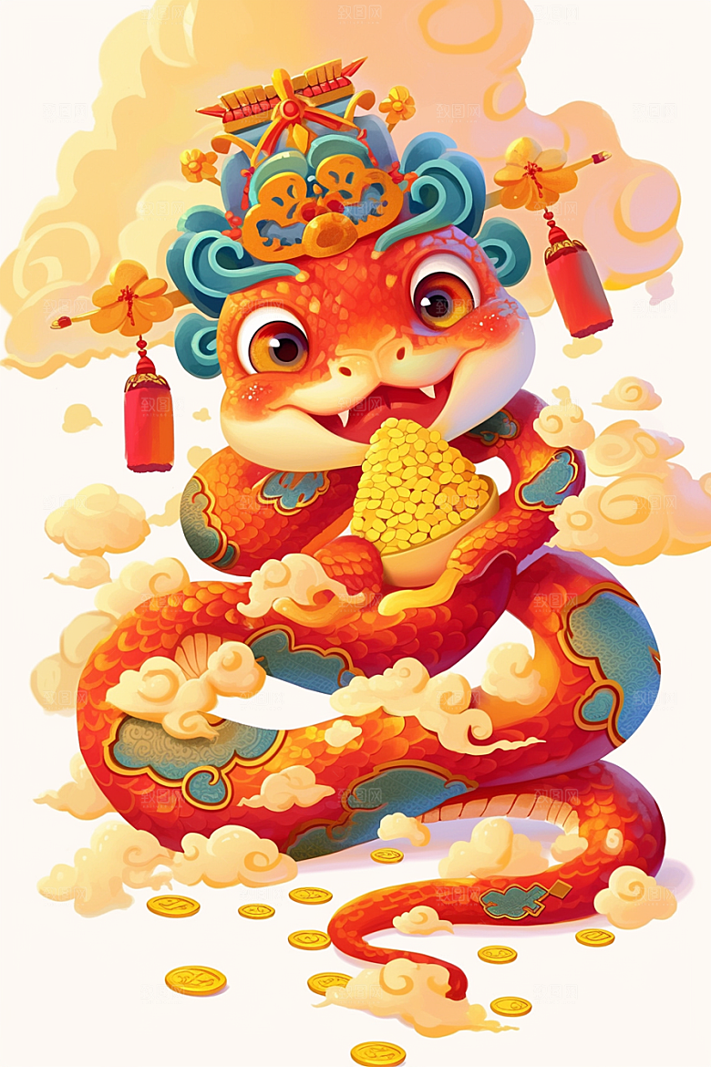 蛇年年画红色过年插画