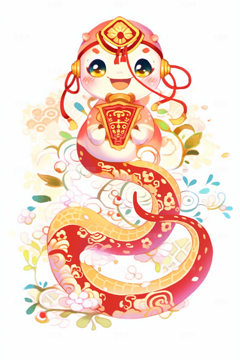 蛇年年画可爱拟人插画
