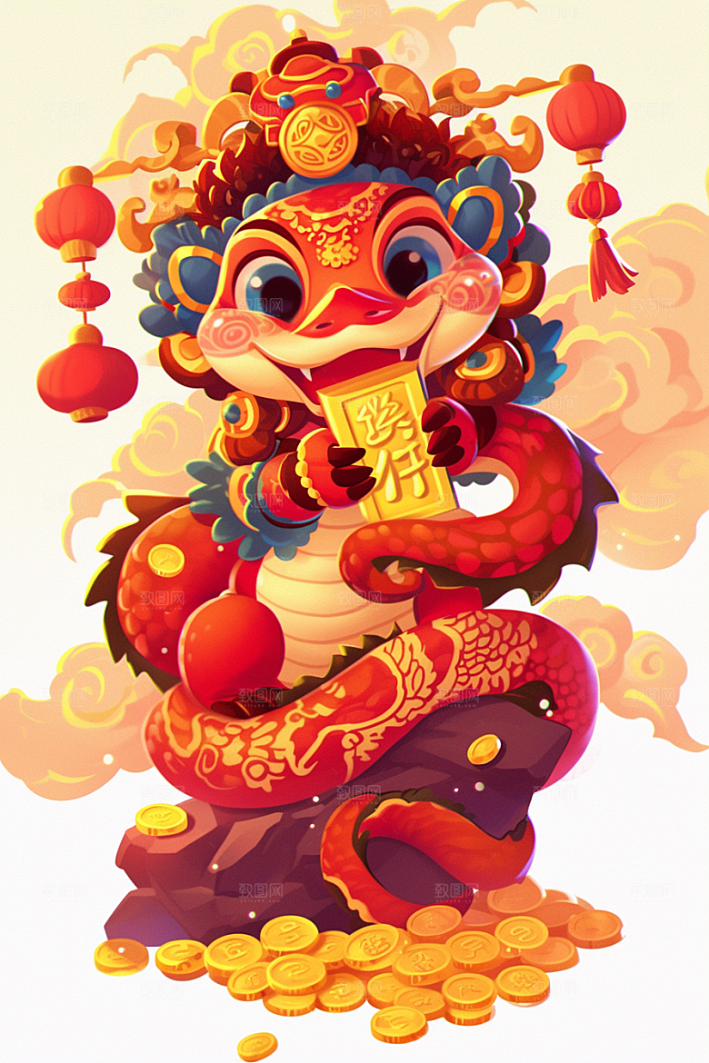 蛇年年画喜庆拟人插画