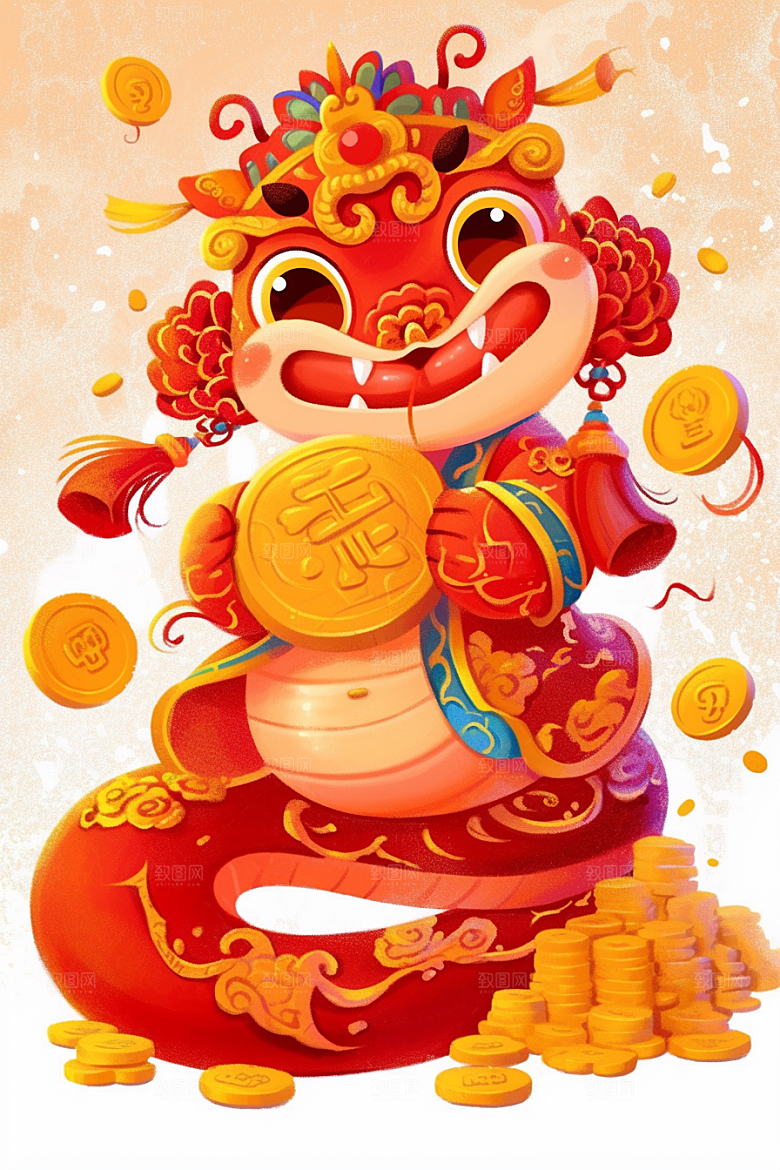 蛇年年画过年可爱插画