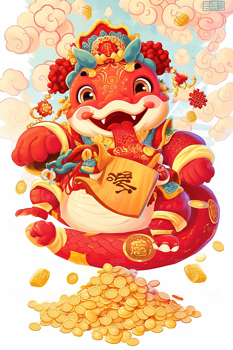 蛇年年画卡通春节插画