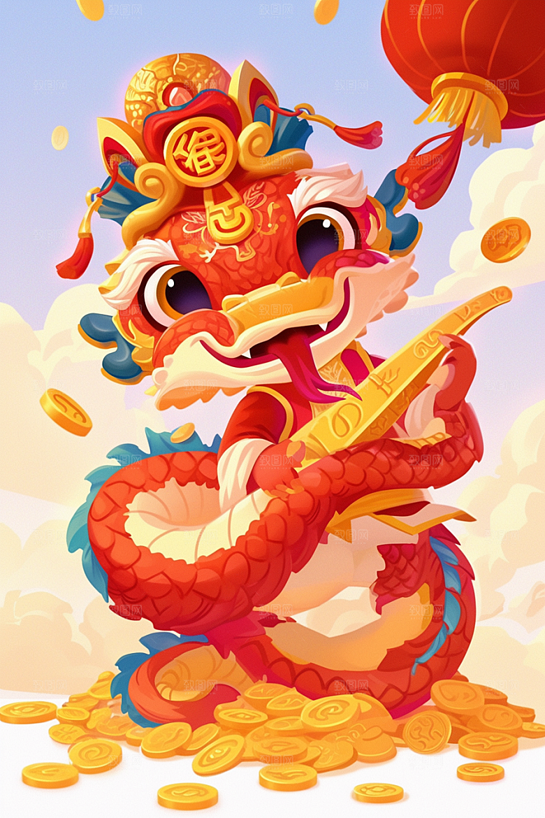 蛇年年画手绘红色插画