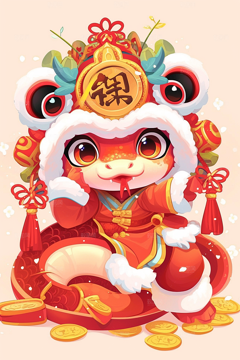 蛇年年画春节可爱插画