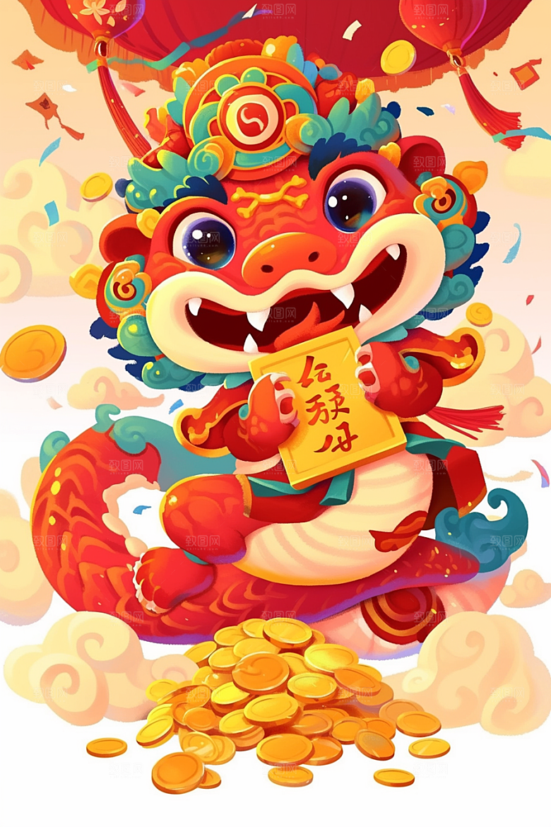 蛇年年画手绘新年插画