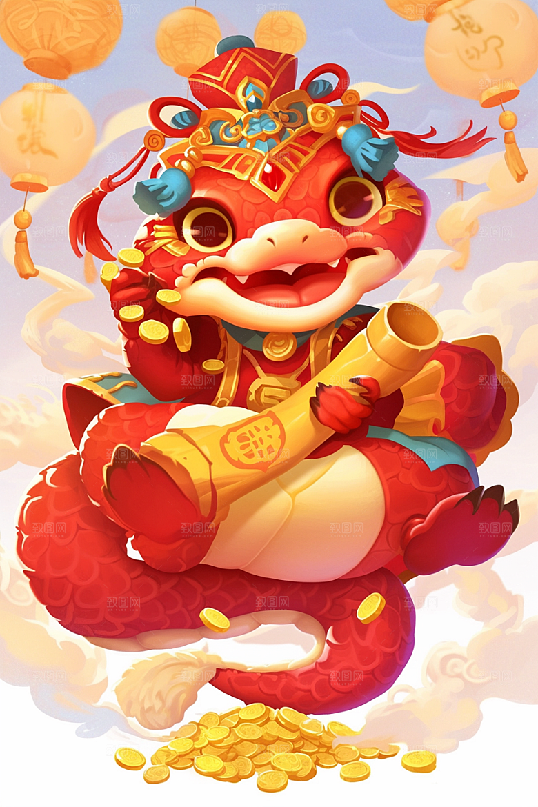 蛇年年画红色新春插画