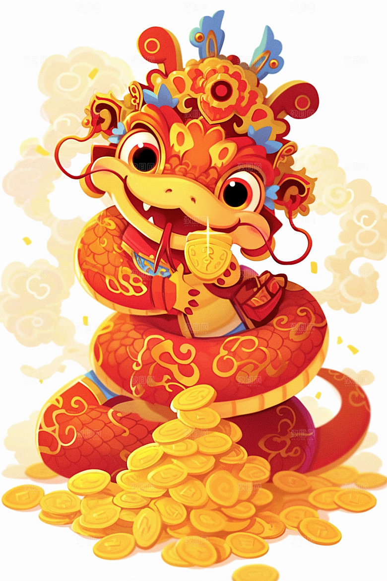蛇年年画卡通过年插画